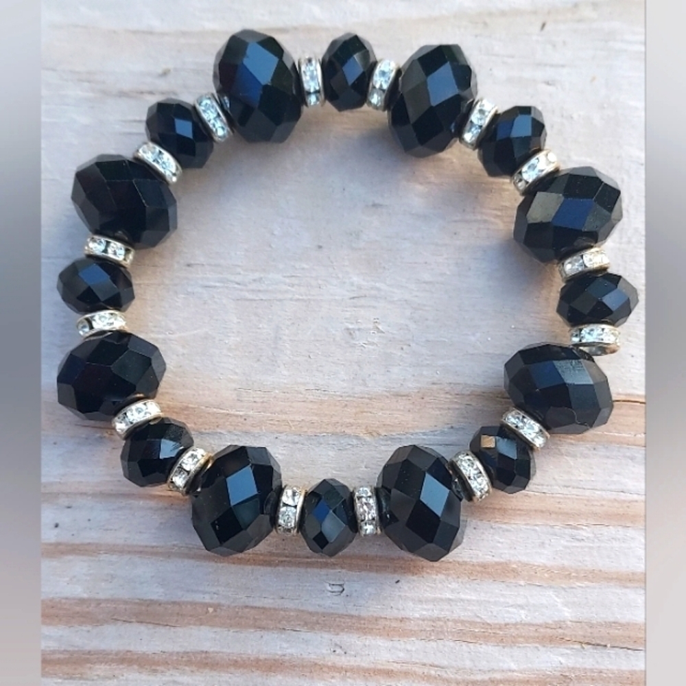 Faceted Rondelle Glass Beads Bracelet, with Rhinestone, Elastic, Black, Bracelet